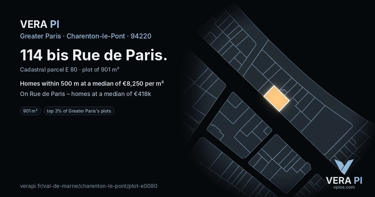 114 bis Rue de Paris, Charenton-le-Pont at night – the plot lit, the parcels around coloured by the prices near them