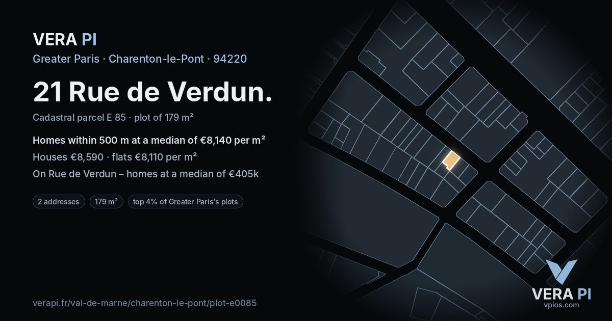 21 Rue de Verdun, Charenton-le-Pont at night – the plot lit, the parcels around coloured by the prices near them