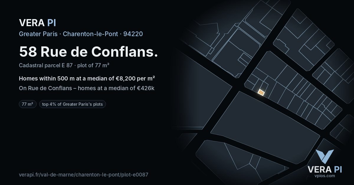 58 Rue de Conflans, Charenton-le-Pont at night – the plot lit, the parcels around coloured by the prices near them