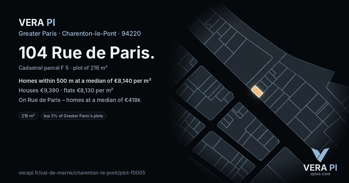 104 Rue de Paris, Charenton-le-Pont at night – the plot lit, the parcels around coloured by the prices near them