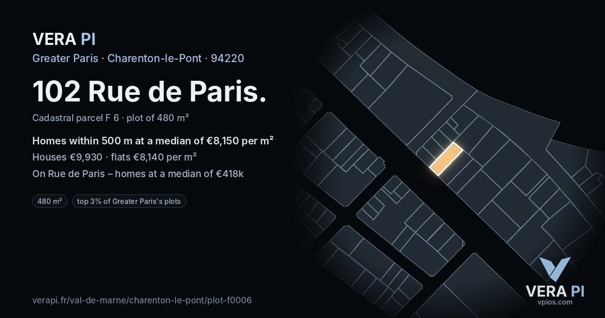 102 Rue de Paris, Charenton-le-Pont at night – the plot lit, the parcels around coloured by the prices near them