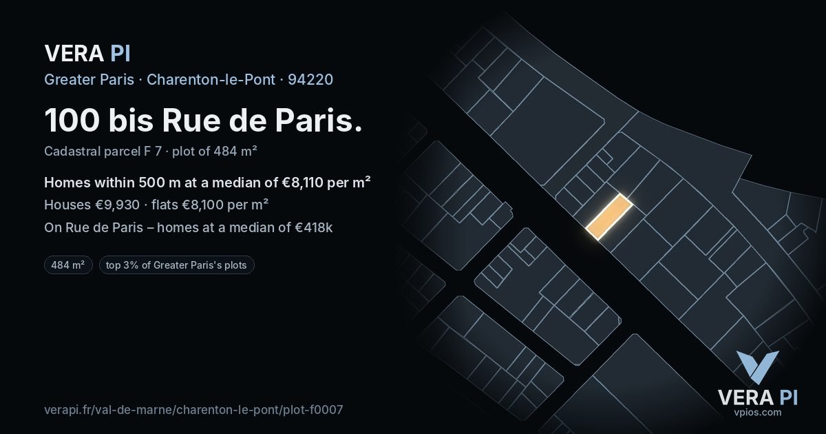 100 bis Rue de Paris, Charenton-le-Pont at night – the plot lit, the parcels around coloured by the prices near them