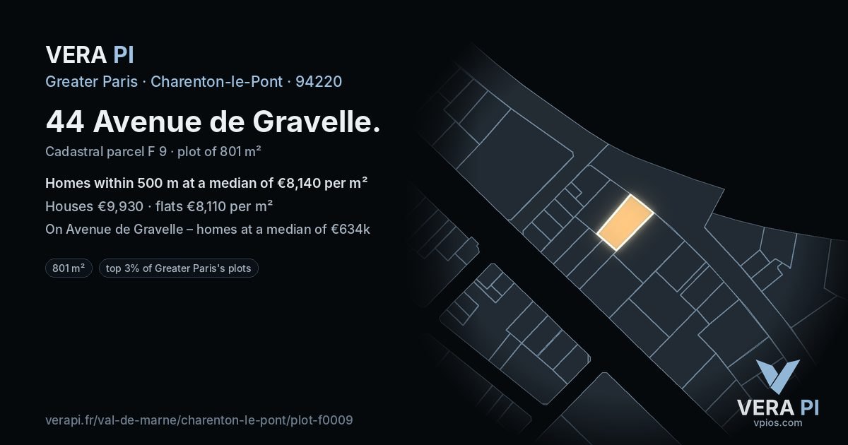 44 Avenue de Gravelle, Charenton-le-Pont at night – the plot lit, the parcels around coloured by the prices near them