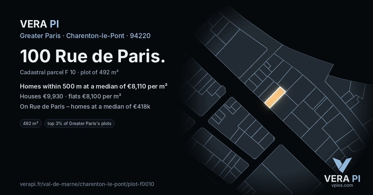 100 Rue de Paris, Charenton-le-Pont at night – the plot lit, the parcels around coloured by the prices near them