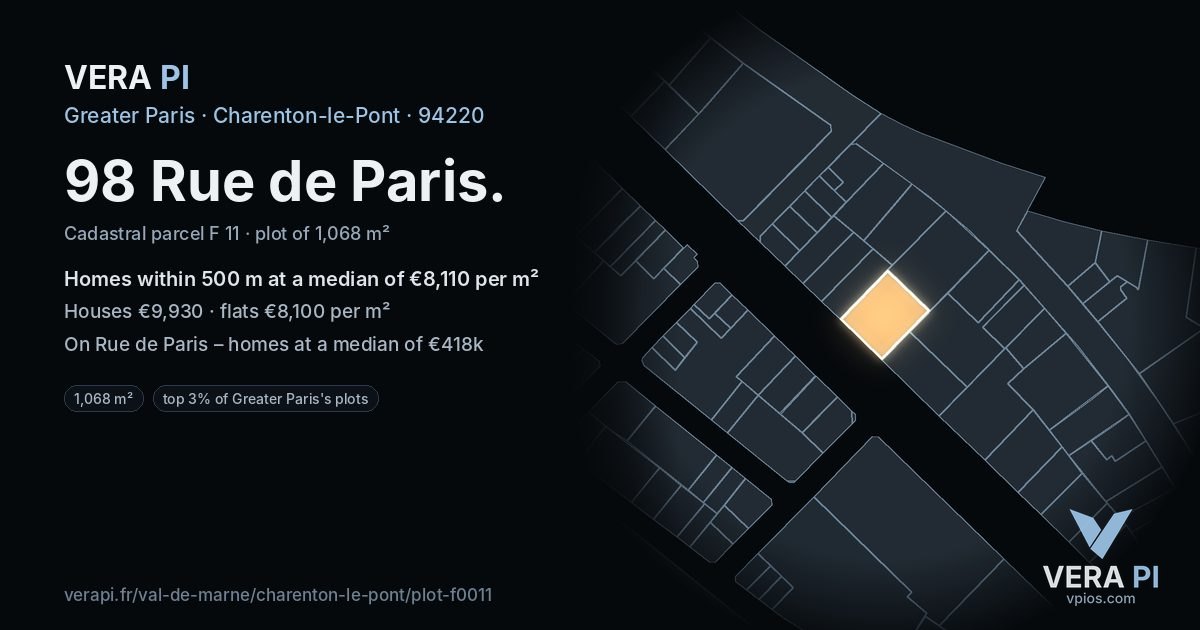 98 Rue de Paris, Charenton-le-Pont at night – the plot lit, the parcels around coloured by the prices near them