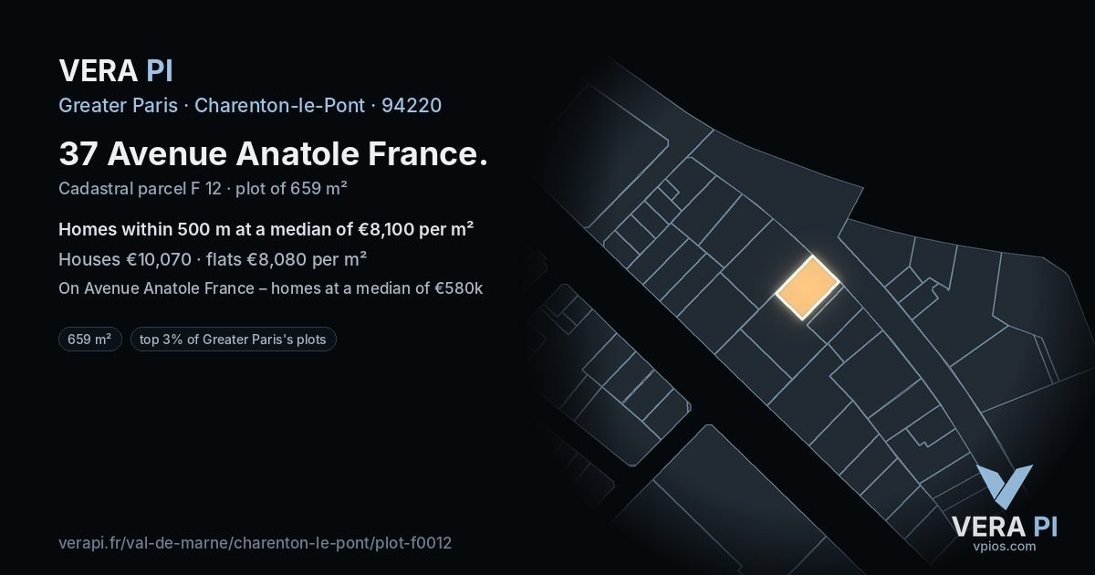 37 Avenue Anatole France, Charenton-le-Pont at night – the plot lit, the parcels around coloured by the prices near them
