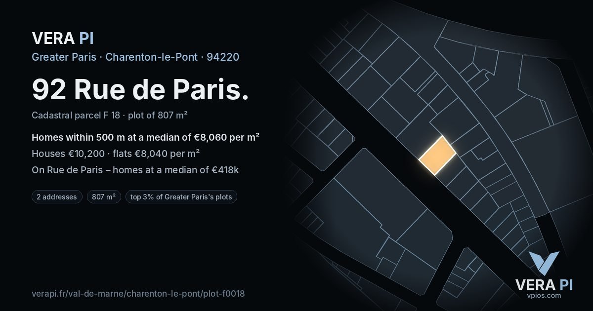 92 Rue de Paris, Charenton-le-Pont at night – the plot lit, the parcels around coloured by the prices near them