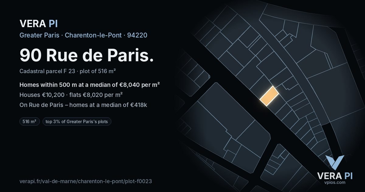 90 Rue de Paris, Charenton-le-Pont at night – the plot lit, the parcels around coloured by the prices near them