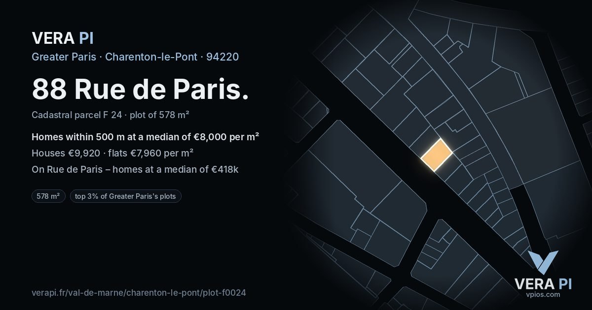 88 Rue de Paris, Charenton-le-Pont at night – the plot lit, the parcels around coloured by the prices near them