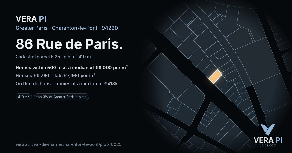 86 Rue de Paris, Charenton-le-Pont at night – the plot lit, the parcels around coloured by the prices near them