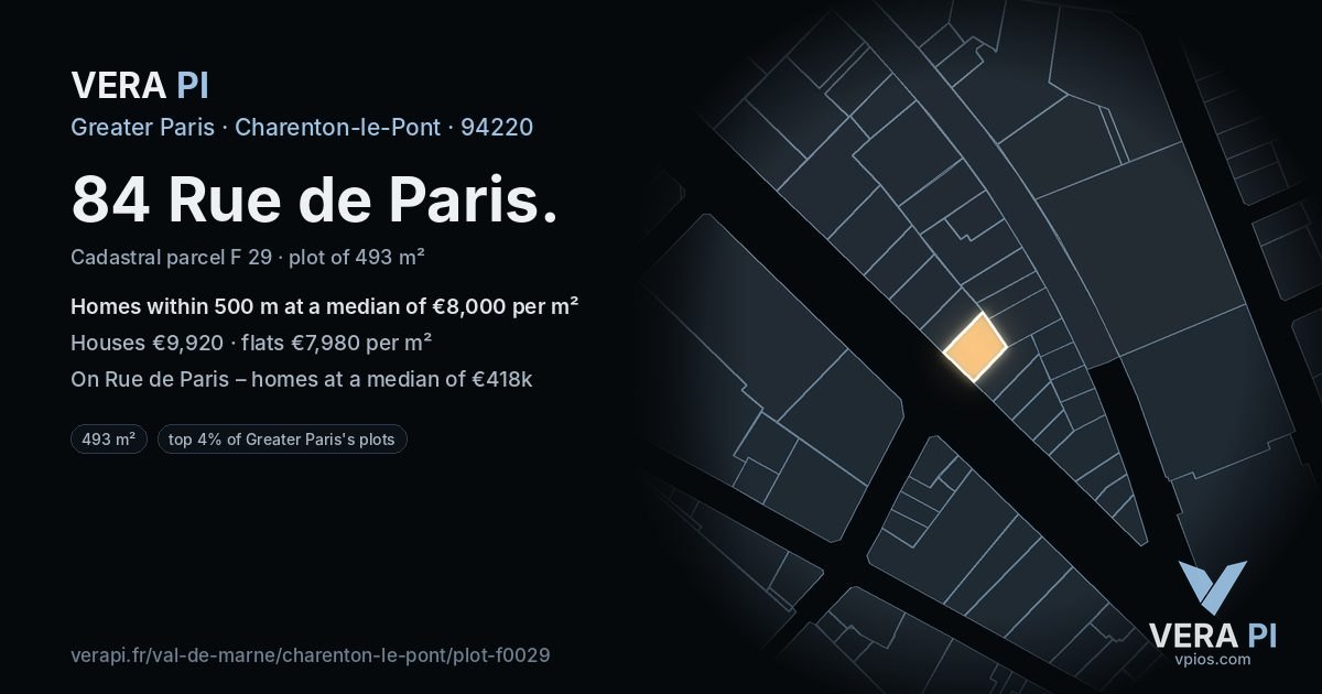 84 Rue de Paris, Charenton-le-Pont at night – the plot lit, the parcels around coloured by the prices near them