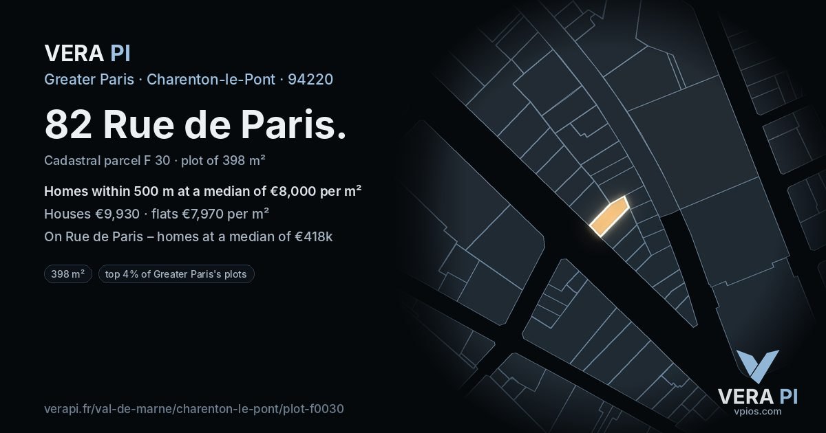 82 Rue de Paris, Charenton-le-Pont at night – the plot lit, the parcels around coloured by the prices near them