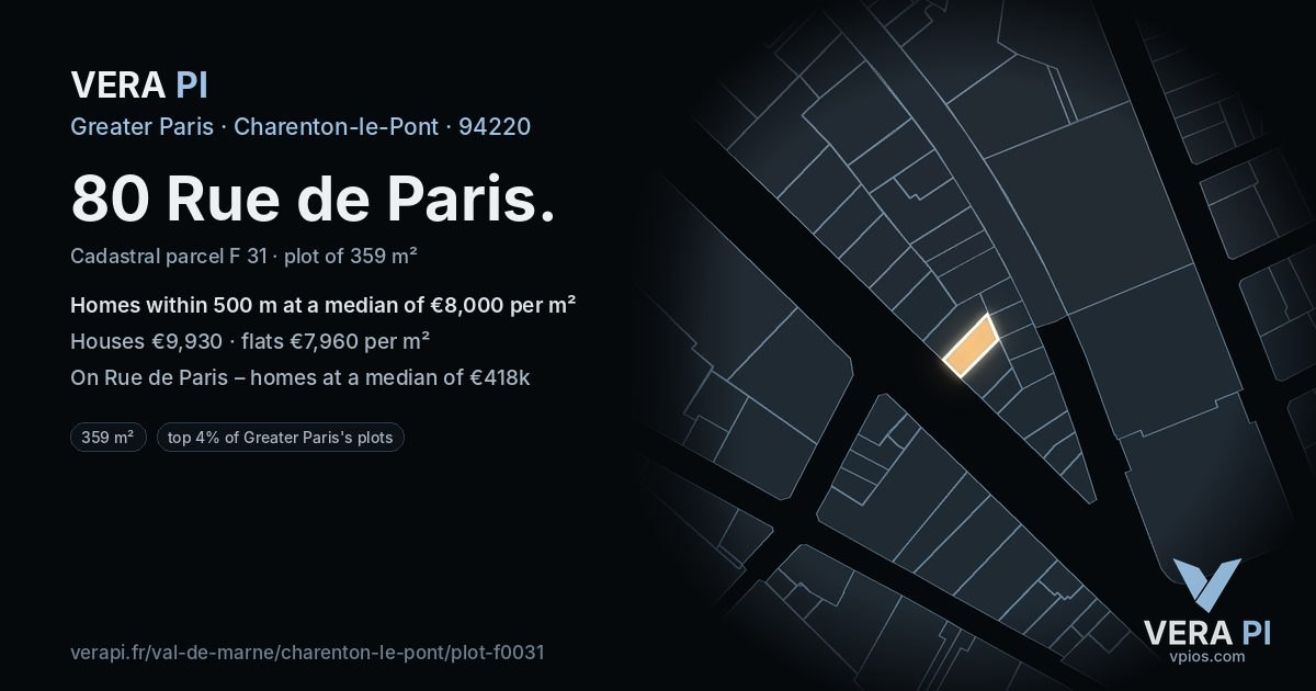 80 Rue de Paris, Charenton-le-Pont at night – the plot lit, the parcels around coloured by the prices near them