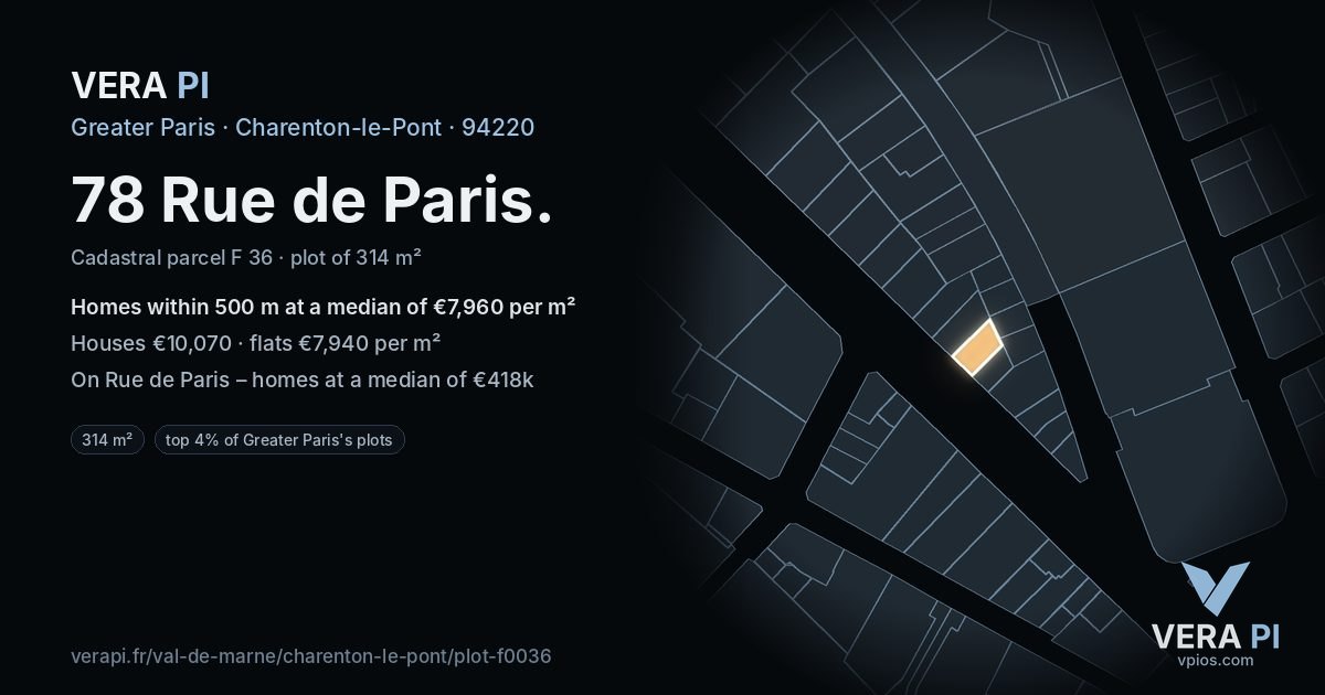 78 Rue de Paris, Charenton-le-Pont at night – the plot lit, the parcels around coloured by the prices near them