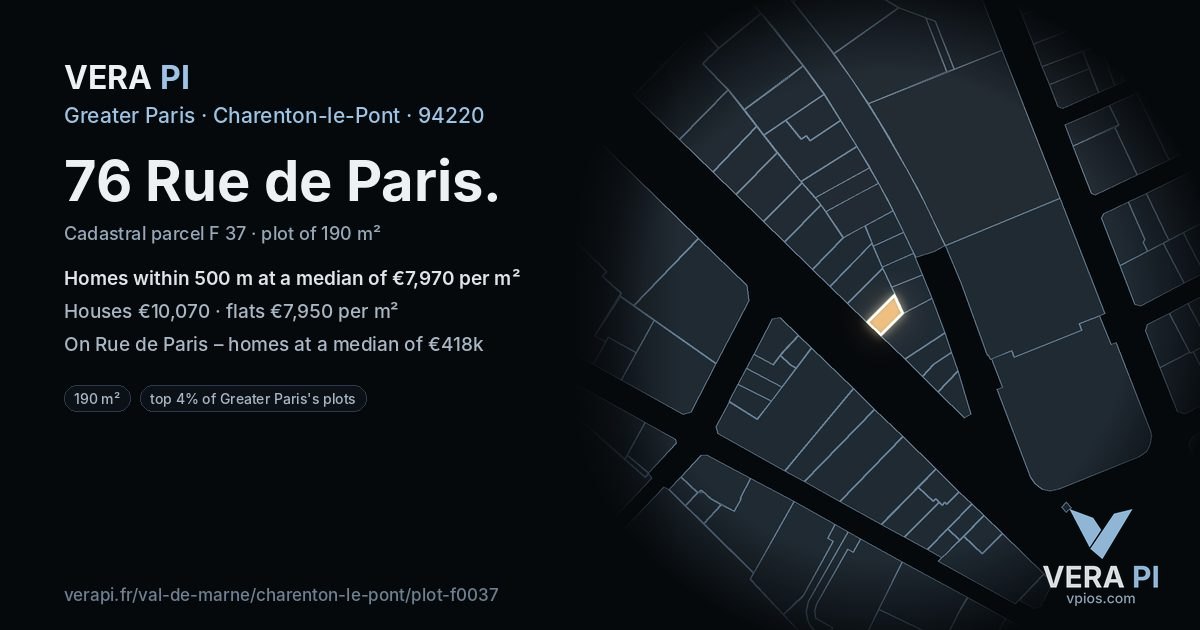 76 Rue de Paris, Charenton-le-Pont at night – the plot lit, the parcels around coloured by the prices near them