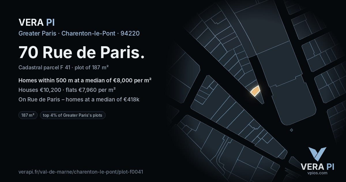 70 Rue de Paris, Charenton-le-Pont at night – the plot lit, the parcels around coloured by the prices near them