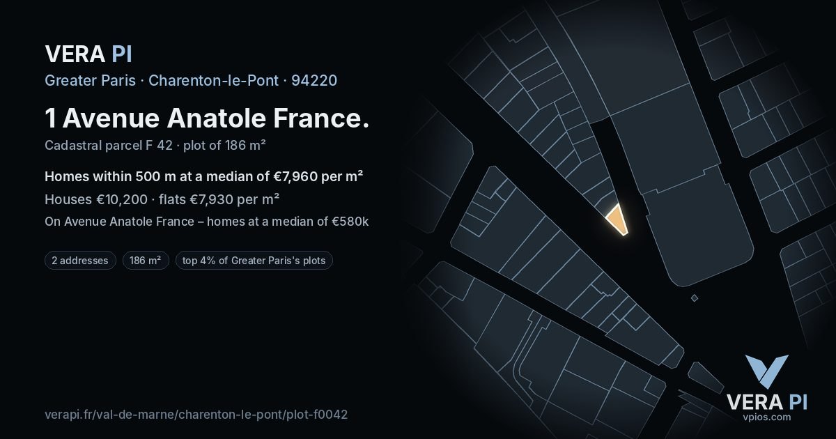 1 Avenue Anatole France, Charenton-le-Pont at night – the plot lit, the parcels around coloured by the prices near them