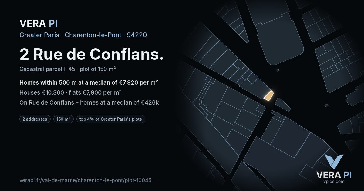 2 Rue de Conflans, Charenton-le-Pont at night – the plot lit, the parcels around coloured by the prices near them