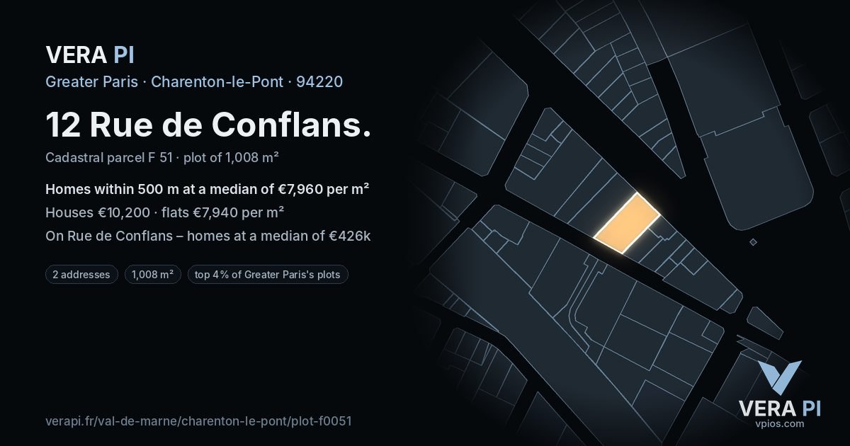 12 Rue de Conflans, Charenton-le-Pont at night – the plot lit, the parcels around coloured by the prices near them