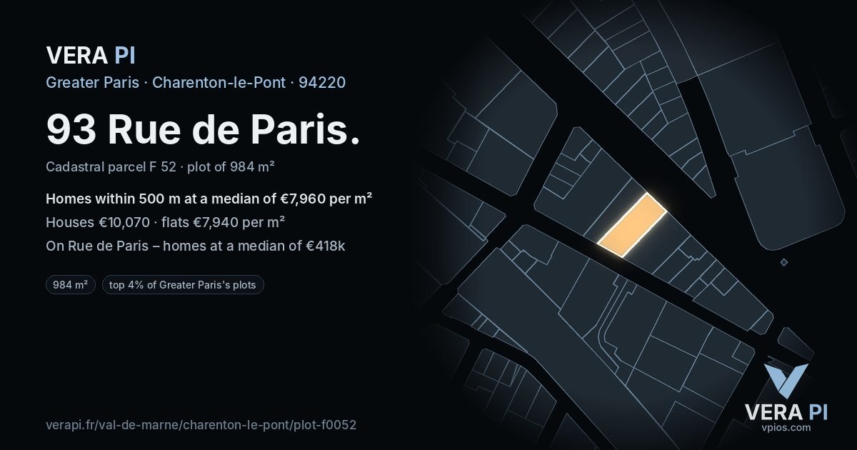 93 Rue de Paris, Charenton-le-Pont at night – the plot lit, the parcels around coloured by the prices near them