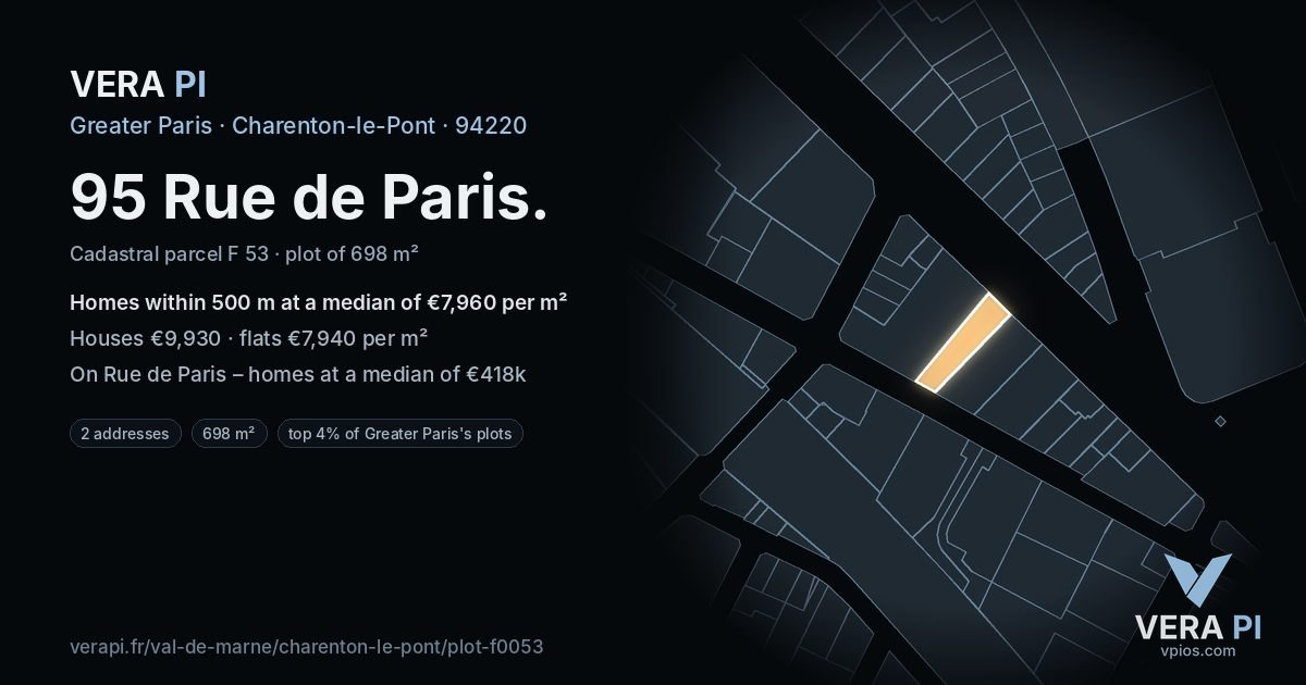 95 Rue de Paris, Charenton-le-Pont at night – the plot lit, the parcels around coloured by the prices near them