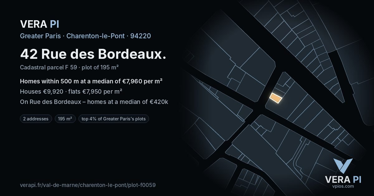 42 Rue des Bordeaux, Charenton-le-Pont at night – the plot lit, the parcels around coloured by the prices near them
