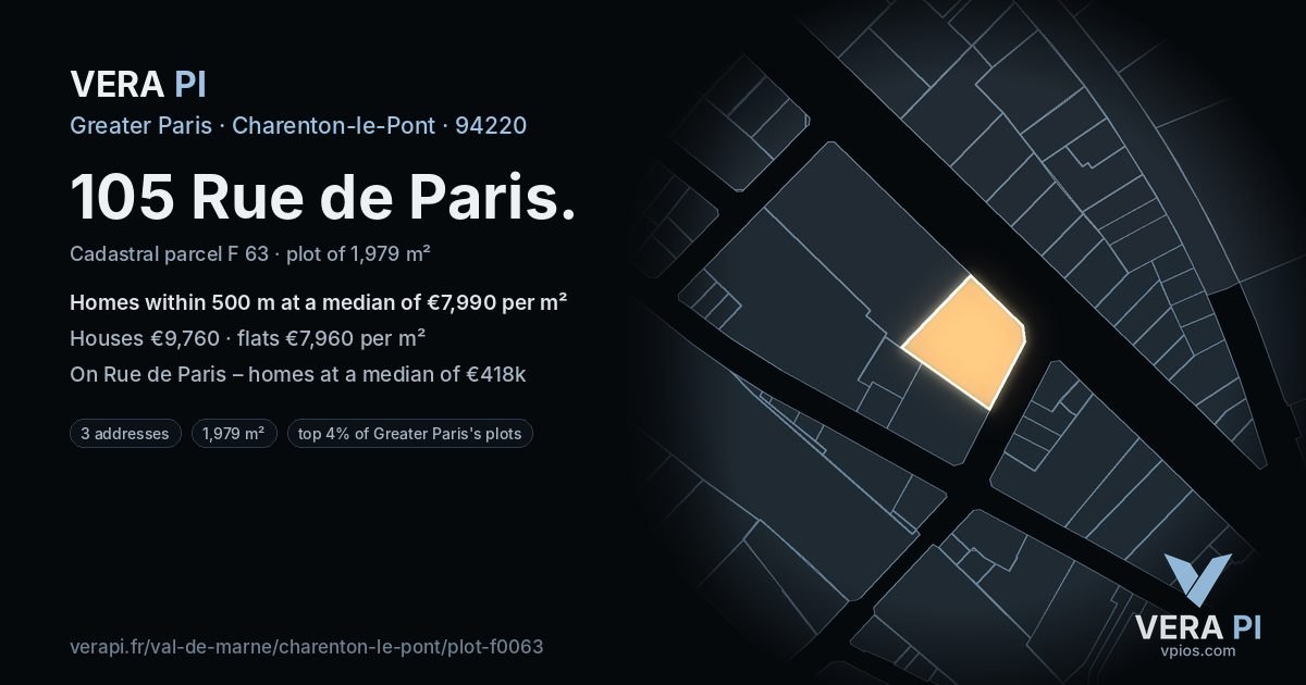 105 Rue de Paris, Charenton-le-Pont at night – the plot lit, the parcels around coloured by the prices near them