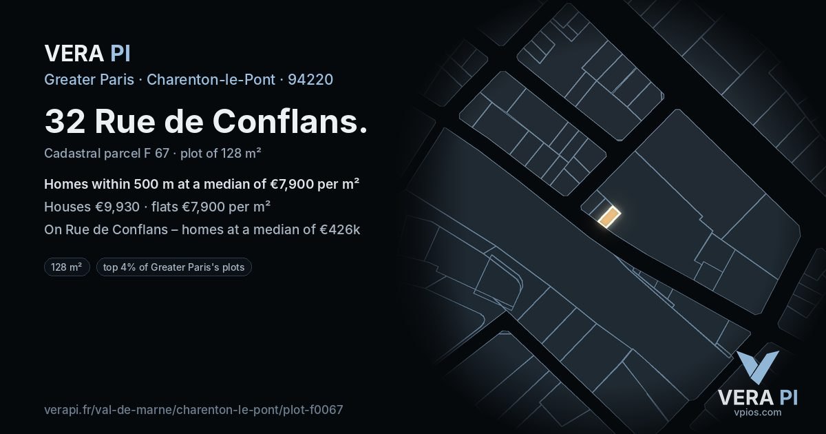 32 Rue de Conflans, Charenton-le-Pont at night – the plot lit, the parcels around coloured by the prices near them