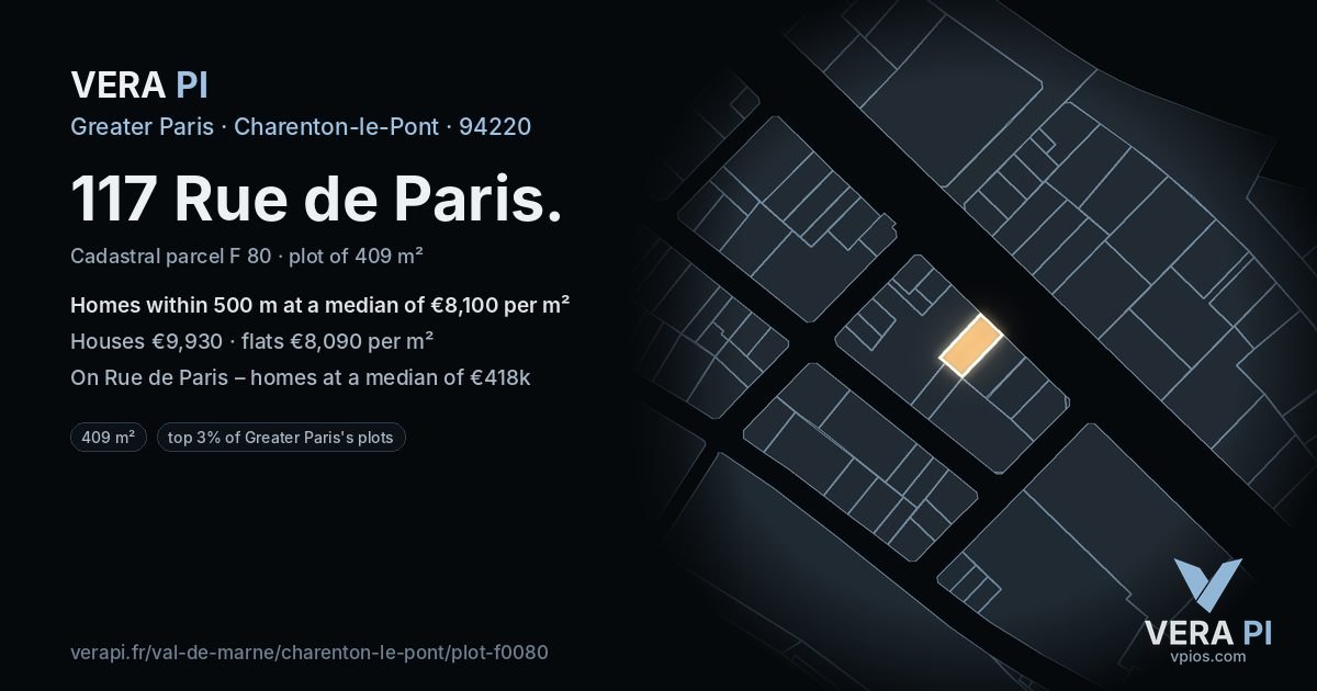 117 Rue de Paris, Charenton-le-Pont at night – the plot lit, the parcels around coloured by the prices near them