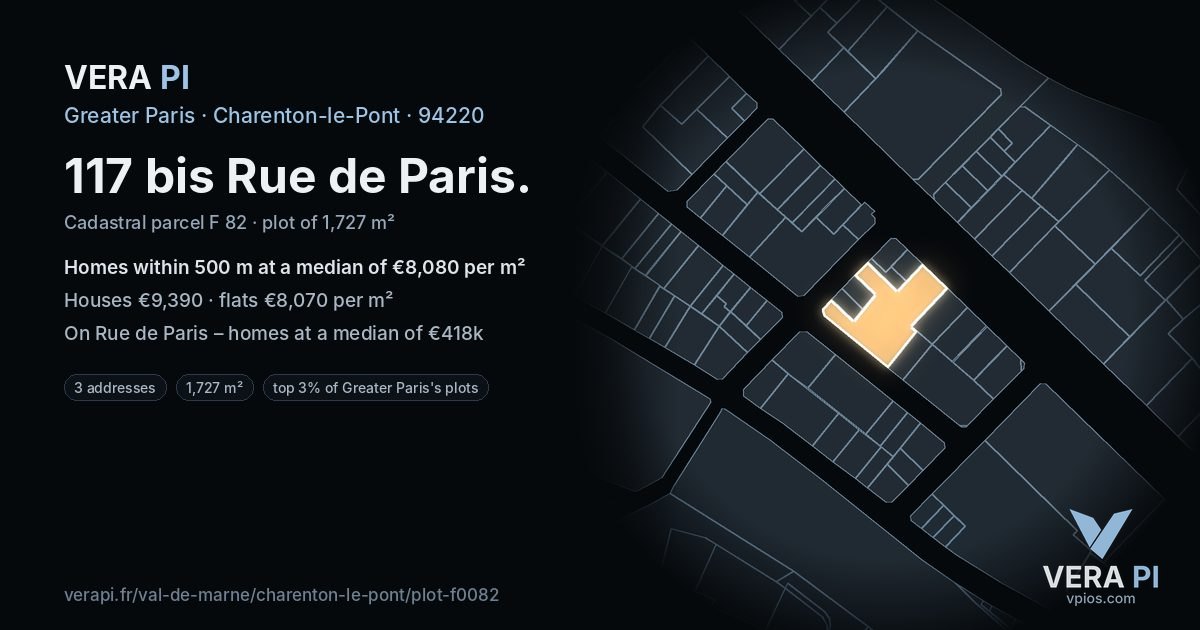 117 bis Rue de Paris, Charenton-le-Pont at night – the plot lit, the parcels around coloured by the prices near them