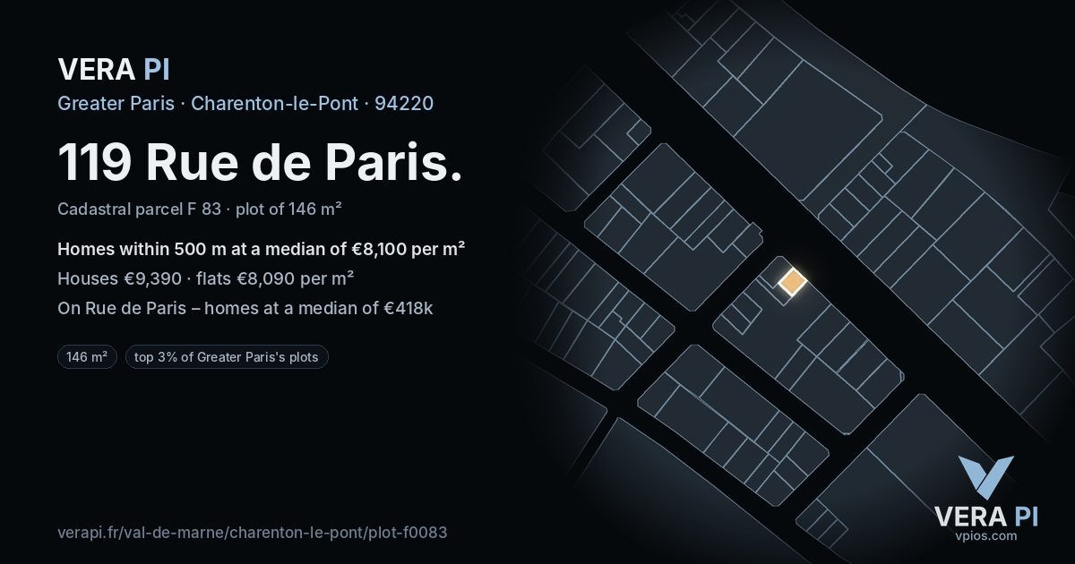 119 Rue de Paris, Charenton-le-Pont at night – the plot lit, the parcels around coloured by the prices near them