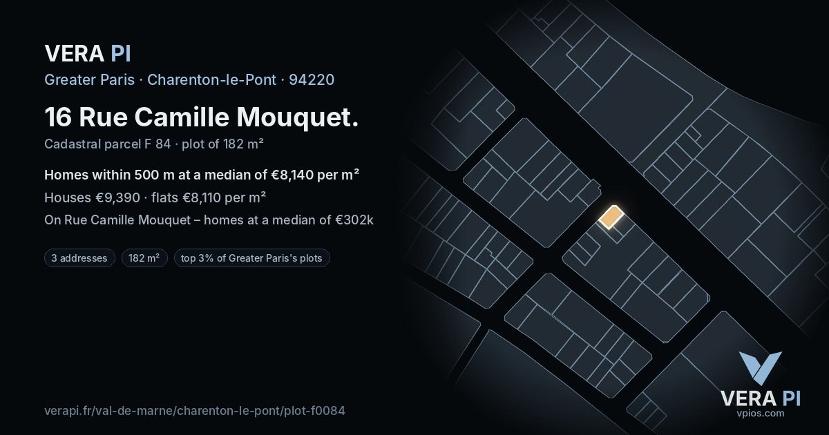 16 Rue Camille Mouquet, Charenton-le-Pont at night – the plot lit, the parcels around coloured by the prices near them