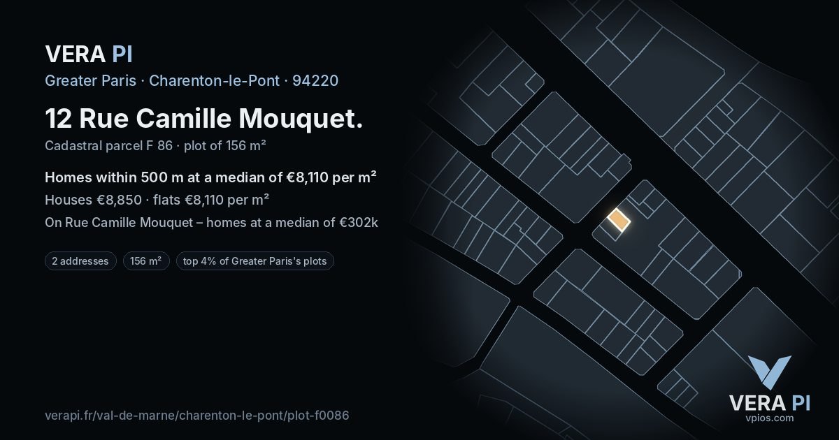 12 Rue Camille Mouquet, Charenton-le-Pont at night – the plot lit, the parcels around coloured by the prices near them