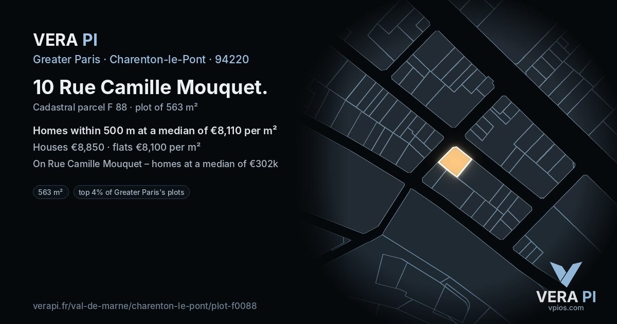 10 Rue Camille Mouquet, Charenton-le-Pont at night – the plot lit, the parcels around coloured by the prices near them