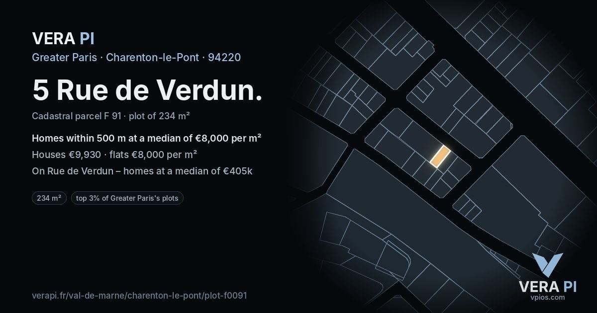 5 Rue de Verdun, Charenton-le-Pont at night – the plot lit, the parcels around coloured by the prices near them