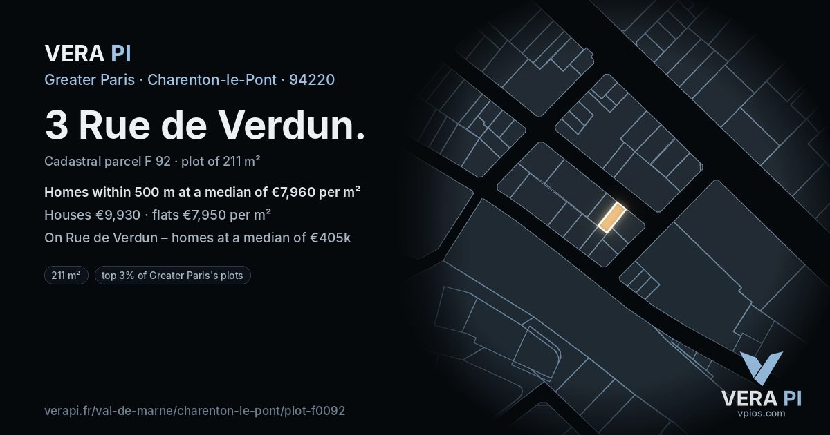 3 Rue de Verdun, Charenton-le-Pont at night – the plot lit, the parcels around coloured by the prices near them