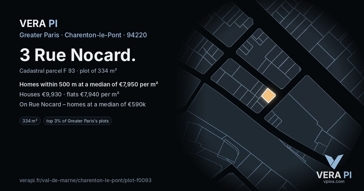 3 Rue Nocard, Charenton-le-Pont at night – the plot lit, the parcels around coloured by the prices near them