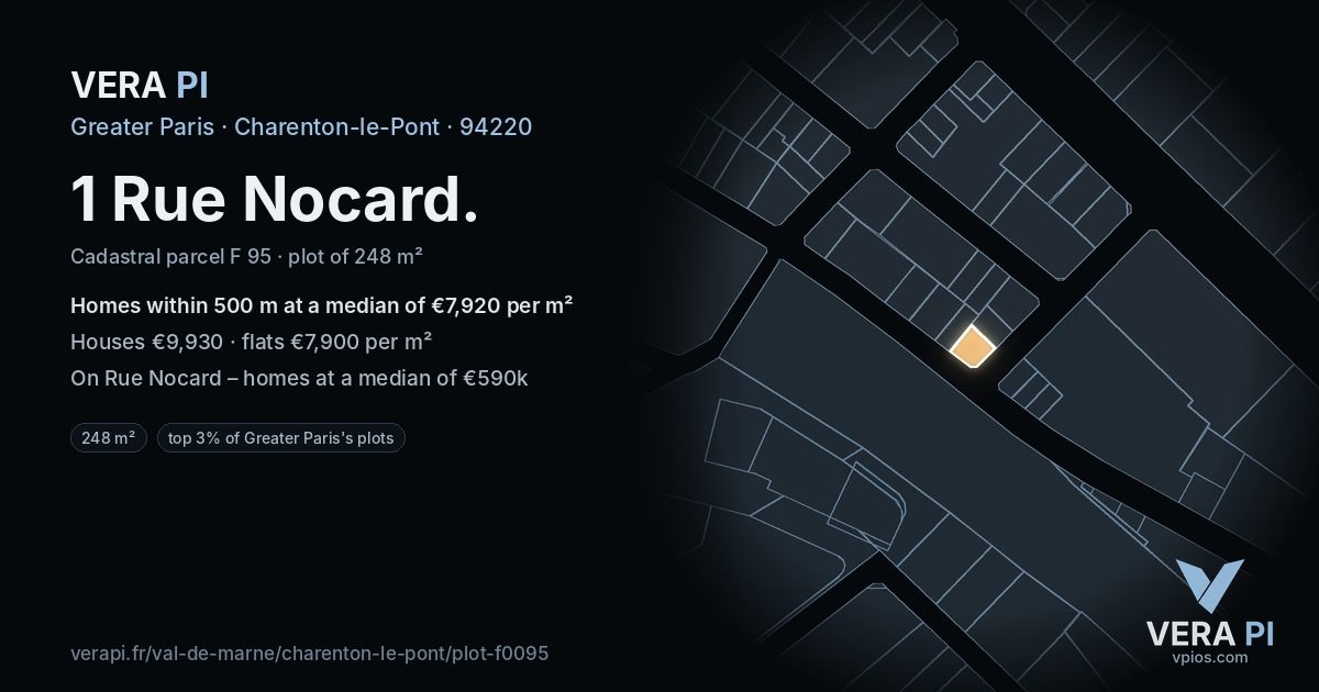 1 Rue Nocard, Charenton-le-Pont at night – the plot lit, the parcels around coloured by the prices near them