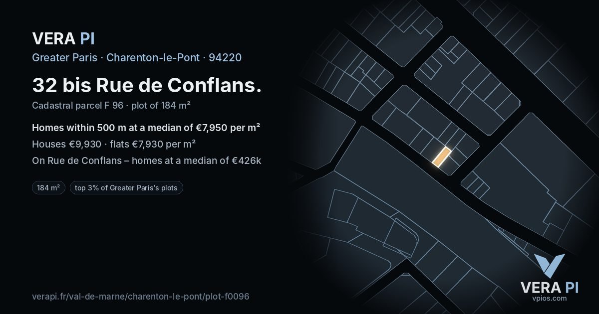 32 bis Rue de Conflans, Charenton-le-Pont at night – the plot lit, the parcels around coloured by the prices near them