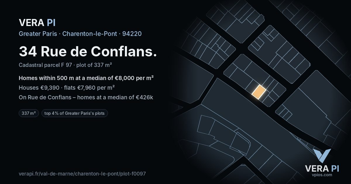 34 Rue de Conflans, Charenton-le-Pont at night – the plot lit, the parcels around coloured by the prices near them