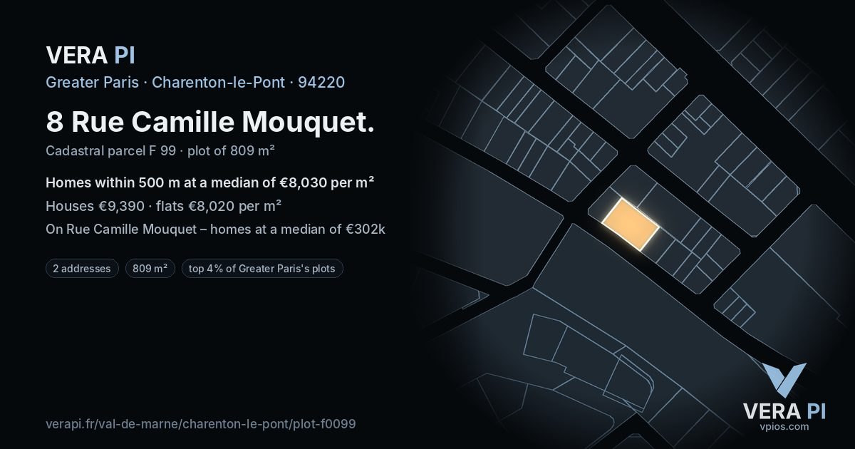 8 Rue Camille Mouquet, Charenton-le-Pont at night – the plot lit, the parcels around coloured by the prices near them