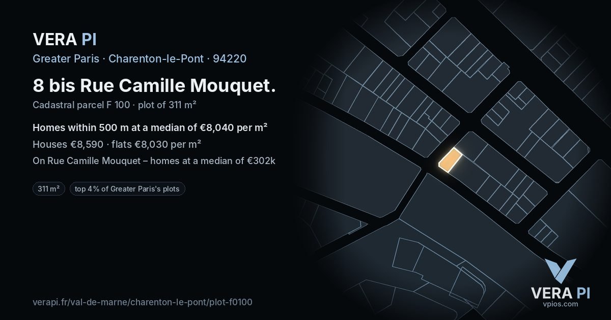 8 bis Rue Camille Mouquet, Charenton-le-Pont at night – the plot lit, the parcels around coloured by the prices near them