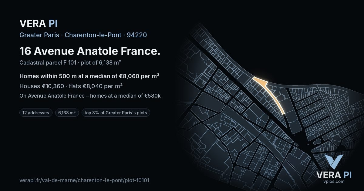 16 Avenue Anatole France, Charenton-le-Pont at night – the plot lit, the parcels around coloured by the prices near them