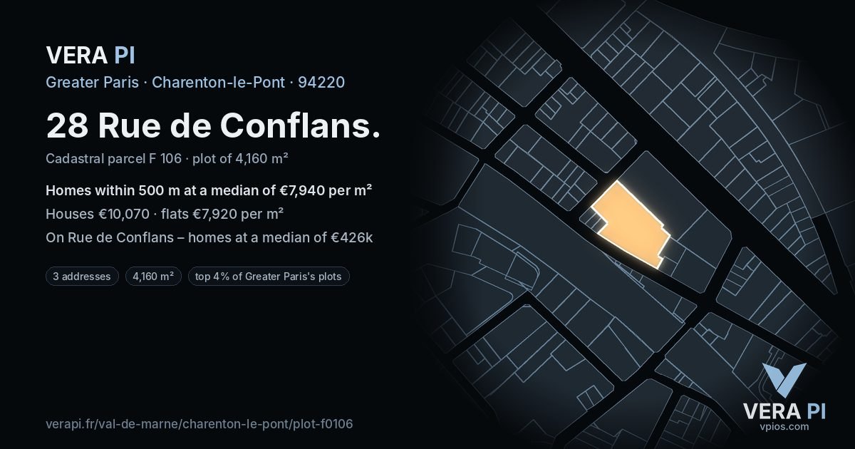 28 Rue de Conflans, Charenton-le-Pont at night – the plot lit, the parcels around coloured by the prices near them