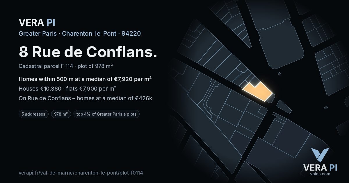 8 Rue de Conflans, Charenton-le-Pont at night – the plot lit, the parcels around coloured by the prices near them
