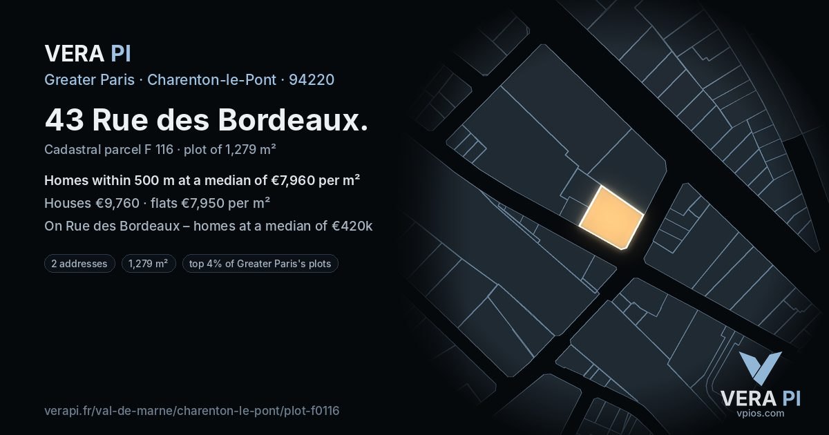 43 Rue des Bordeaux, Charenton-le-Pont at night – the plot lit, the parcels around coloured by the prices near them