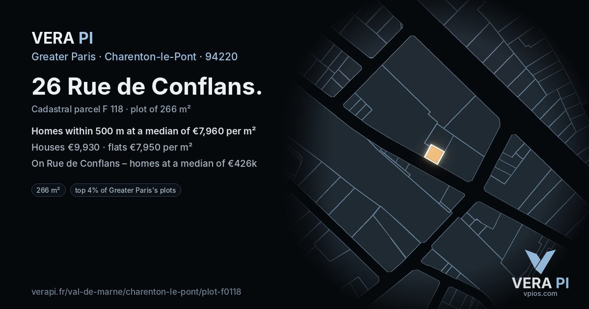 26 Rue de Conflans, Charenton-le-Pont at night – the plot lit, the parcels around coloured by the prices near them