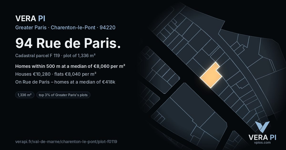 94 Rue de Paris, Charenton-le-Pont at night – the plot lit, the parcels around coloured by the prices near them