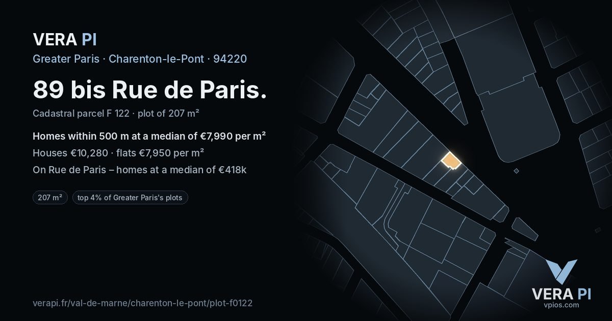 89 bis Rue de Paris, Charenton-le-Pont at night – the plot lit, the parcels around coloured by the prices near them