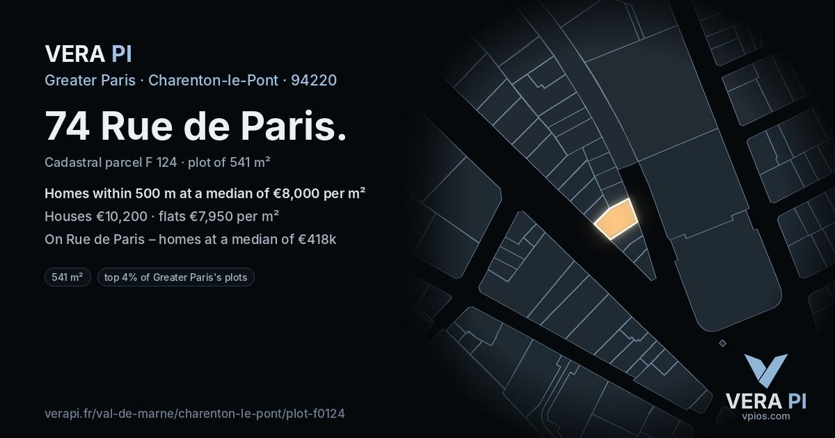 74 Rue de Paris, Charenton-le-Pont at night – the plot lit, the parcels around coloured by the prices near them